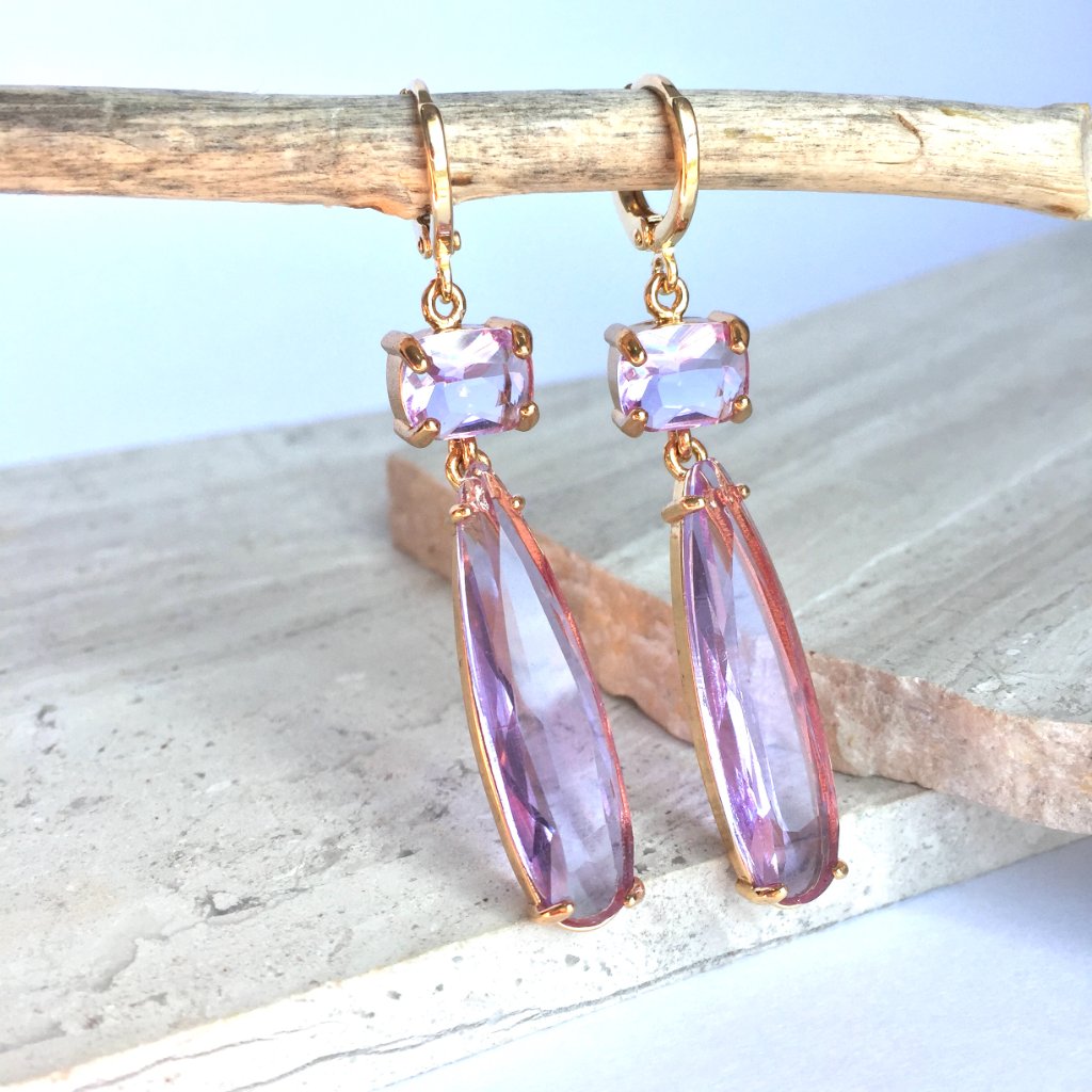 Purple Amethyst Glass Long Drop Prong Set Earrings